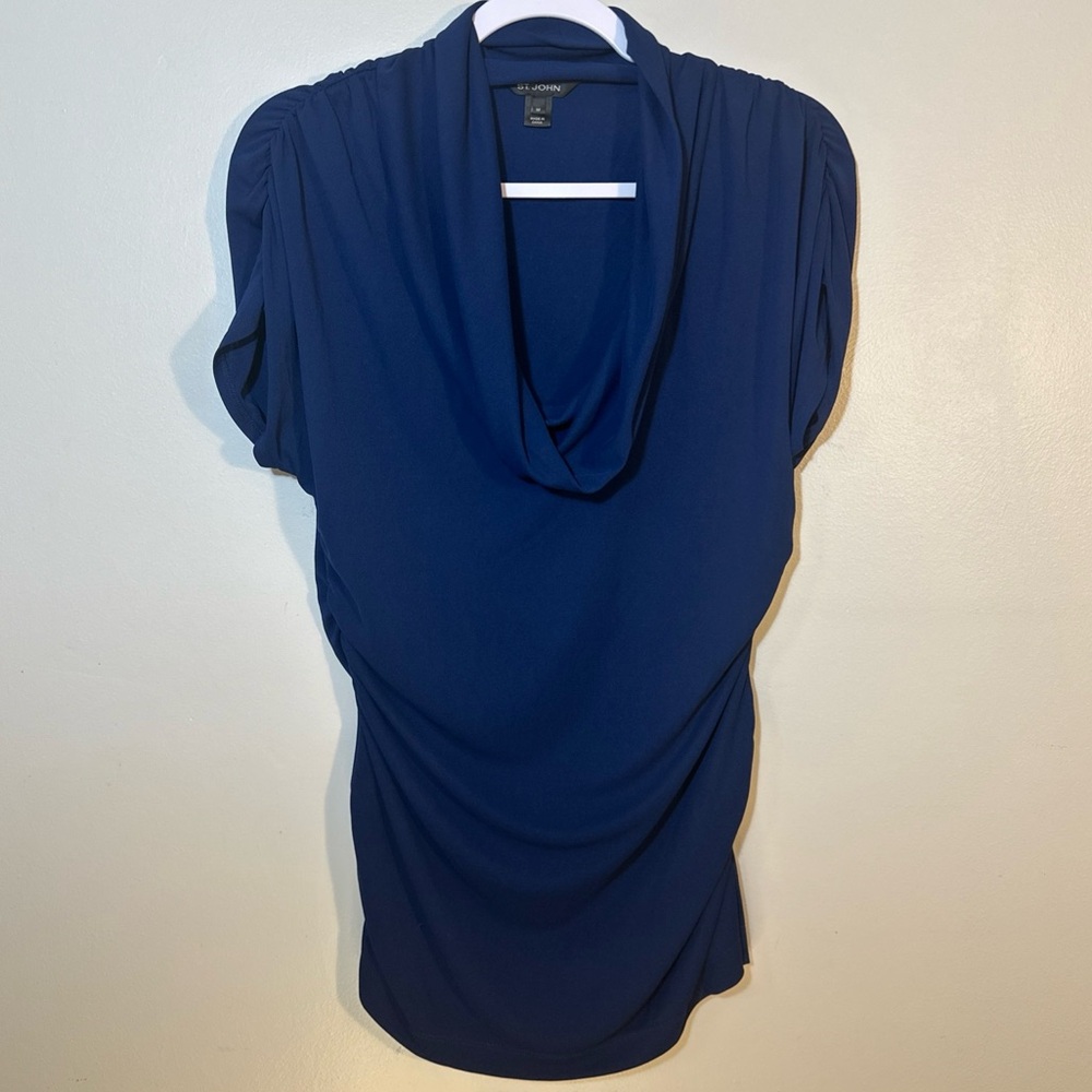 ST JOHN Sleeveless Cowl Neck Tunic Top Womens Med Navy Blue Jersey Knit Ruched